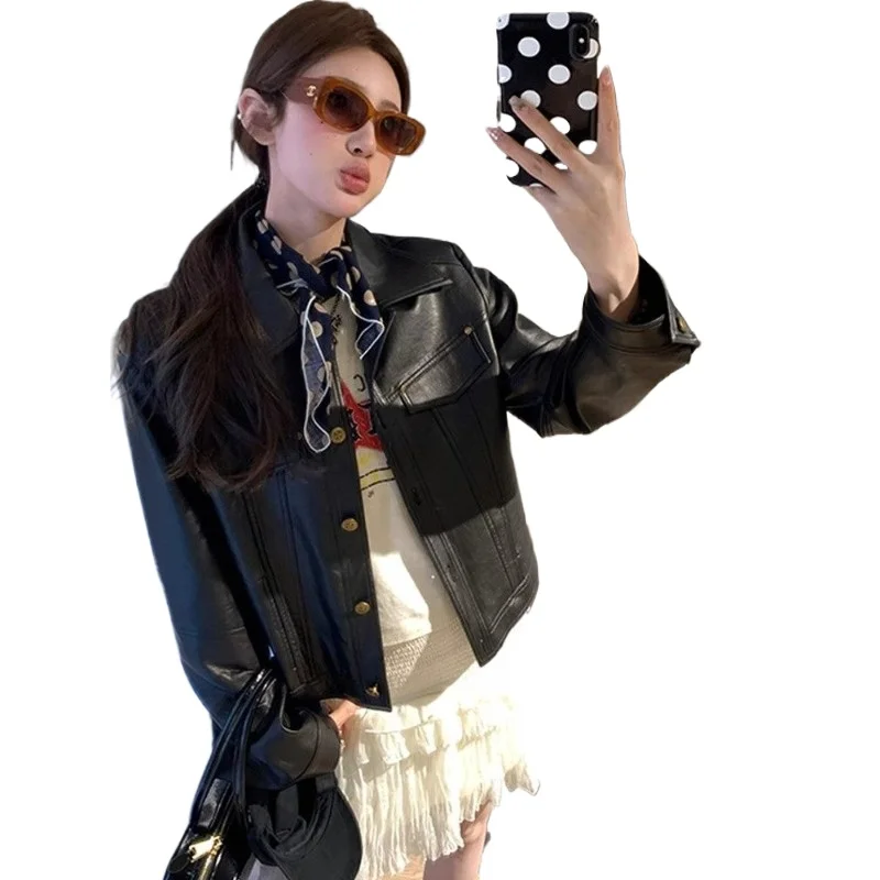 

High Street Black PU Leather Lapel Jacket Short Jacket Women's 2026 Spring Autumn New Slim Hot Girl Long Sleeve Top Relaxation