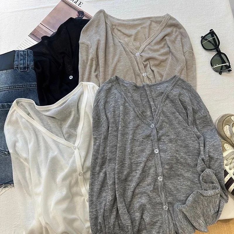 Korean Fashion Sheer V-Neck Cardigan, Lightweight Breathable Knit Top, Sun Protection Long Sleeve Jacket for Daily Outwear