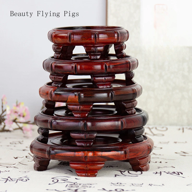 

1 Pc Red Sandalwood Circular Hollow Base Vase Base Buddha Statue Altar Fish Tank Tea Set Base Ornaments Woodcarving Handicrafts