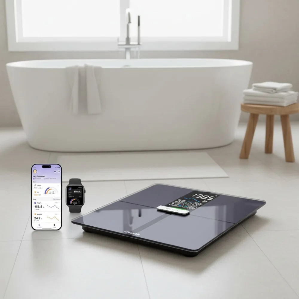 

Умные весы для тела с BMI, отслеживанием жира и мышц, большой дисплей, синхронизация приложений для фитнес-центров, грузоподъемность 450 фунтов