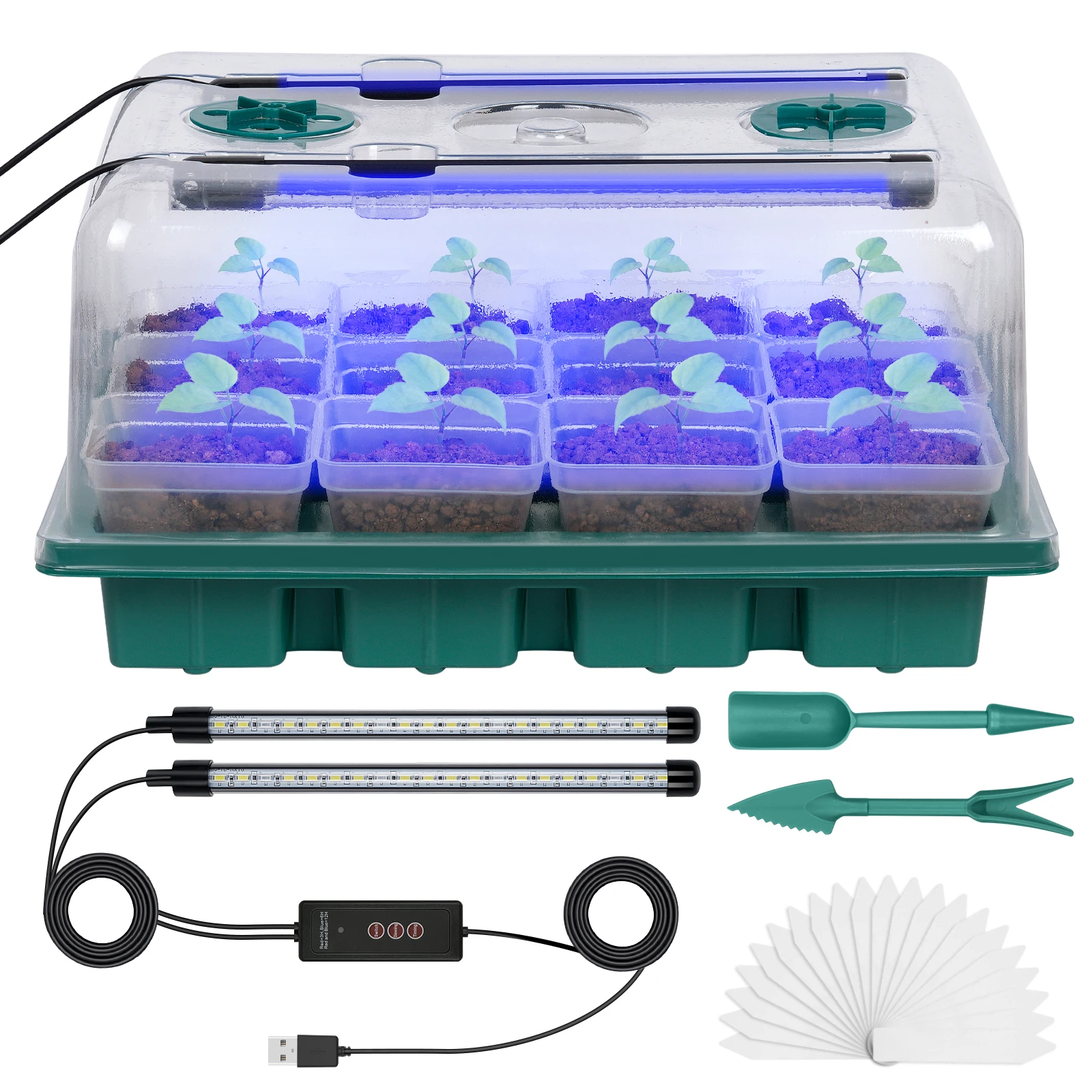 Green, seed starter tray with grow light, a set of silicone 12-cell seedling cups, with humidity dome and controller.