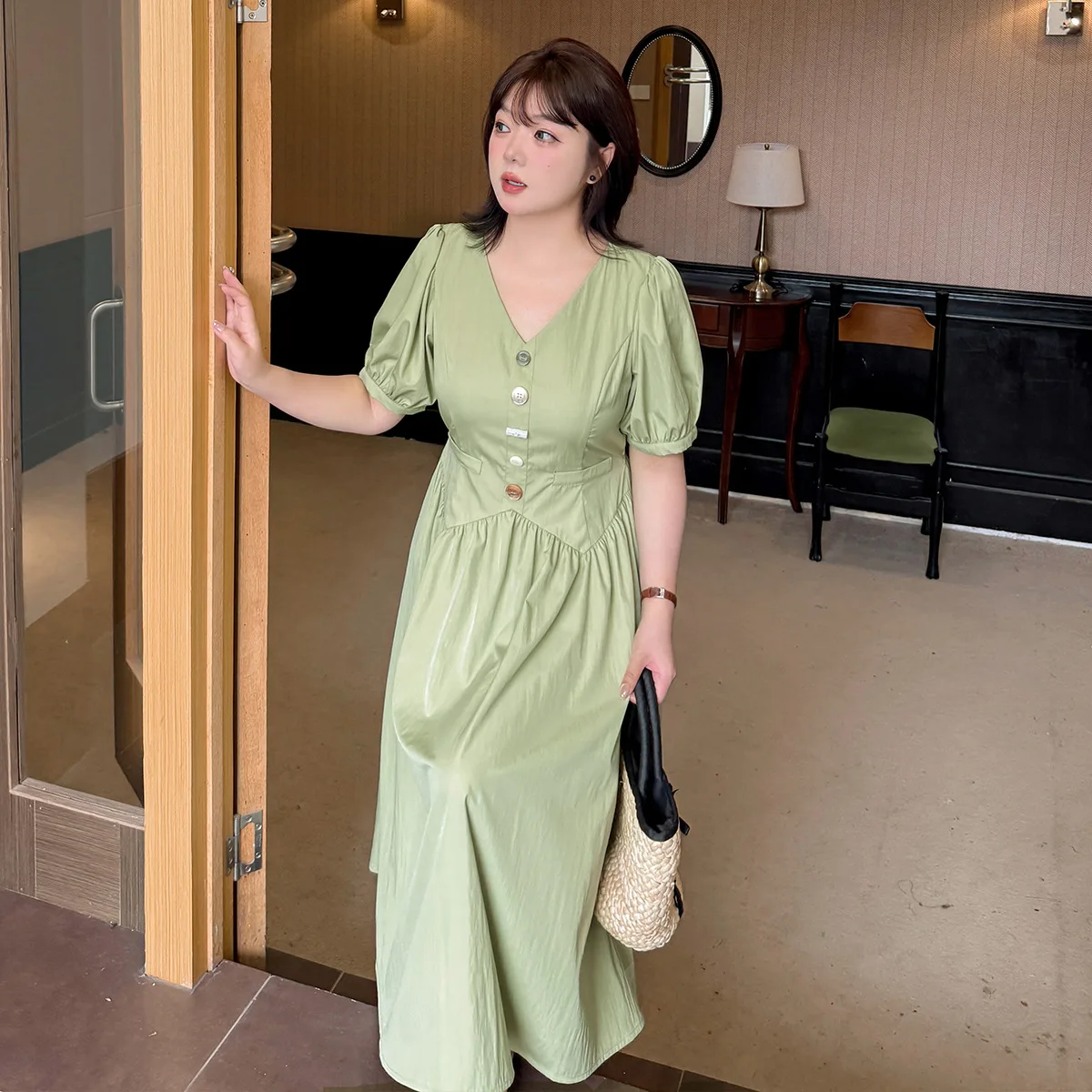 

2025 Summer Fashion New Long Skirt with Simple Bubble Sleeves, V-neck Waist Collection, Solid Color Dress,Plus Size Women's Wear