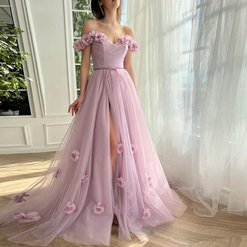 

Light Purple 3D Flowers Mesh Prom Gowns Off The Shoulder Ruffles Tulle A Line Formal Party Dresses High Split Summer Dress