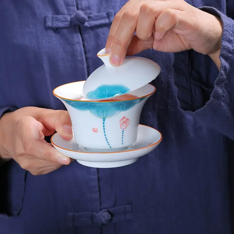 Jingdezhen-Porcelain Tea Set, Ceramic Teacups and Saucers, Handpainted Lotus, Travel, Easy Gaiwan, Porcelain Cup, Tableware
