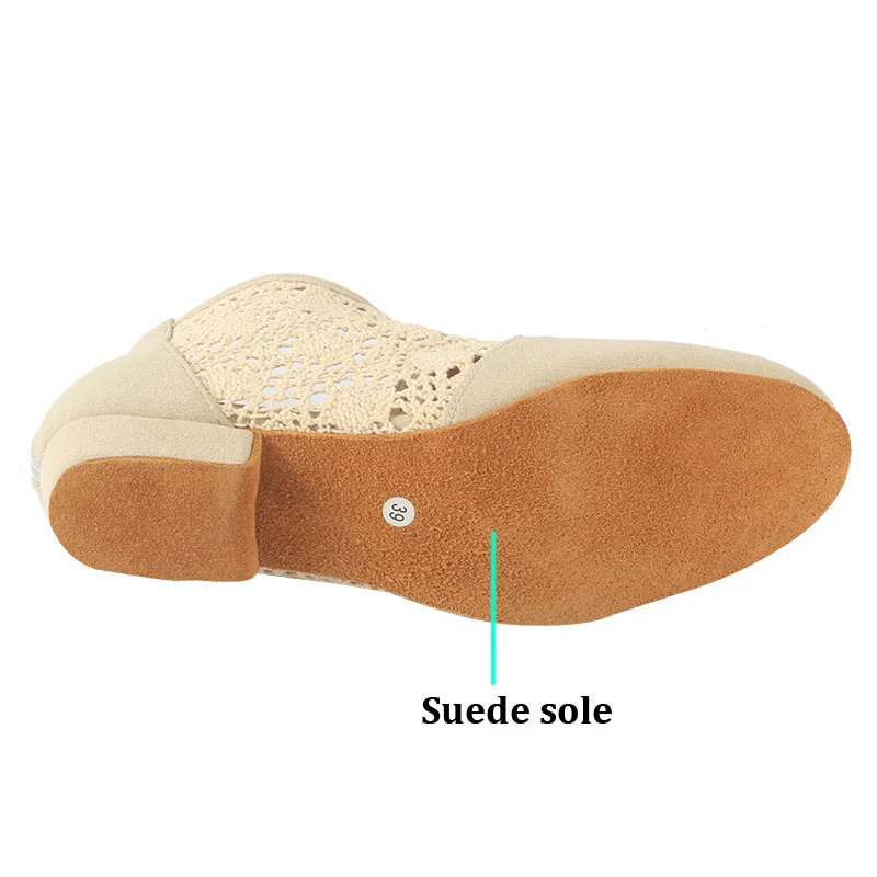 Venus attira stivali da ballo beige morbidi in pelle scamosciata con rete di pizzo salsa latina sala da ballo scarpe da ballo comode stivaletti per le donne