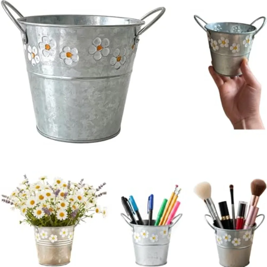 

1Pc Rustic Style Galvanized Small Metal Flower Bucket, 4in. Farmhouse Flower Holder Pot with Handles, Flower Arranging Floral A