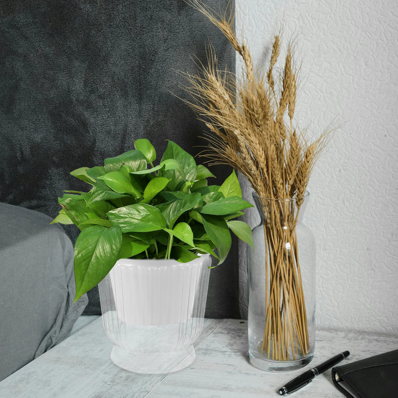 

Transparent Faux Glass Self-Watering Hydroponic Vase Clear Planter Easy Plant Care Indoor Outdoor Home Office Garden Use