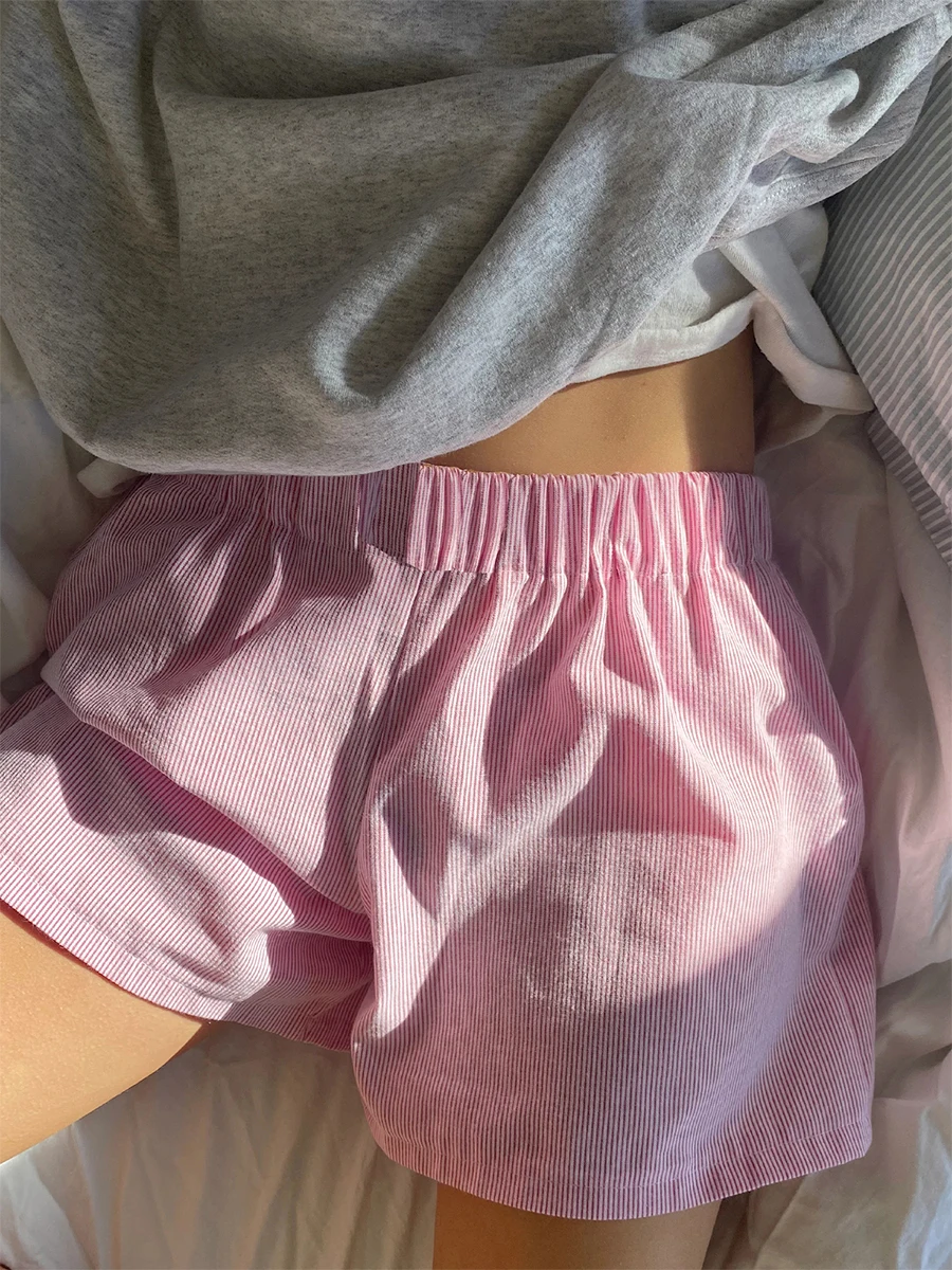 Pantalones cortos de retazos a rayas para mujer, pantalones cortos de cintura elástica media con bolsillos, pantalones de pijama de salón femeninos,