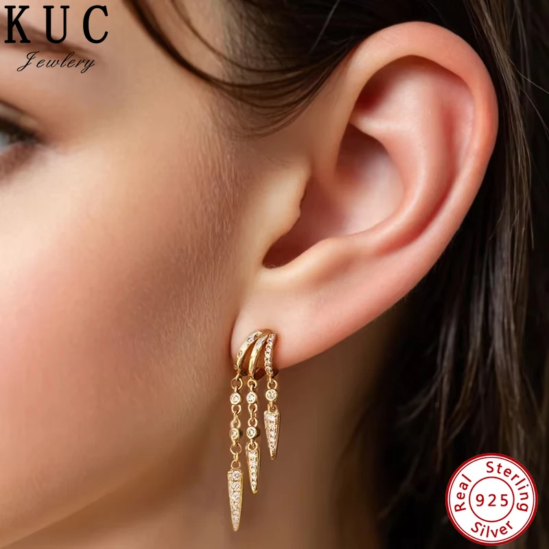 

925 Sterling Silver Original Certificate Pave CZ Spike Tassel Dangle Hoop Earrings For Women Fine Statement Jewelry