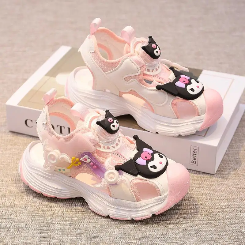 Sanrios Kuromi Kids Sandals Cute Summer Casual Luminous Sweet Sneakers Cartoon Turn Button Trainers Anime Leisure-Shoe Girl Gift