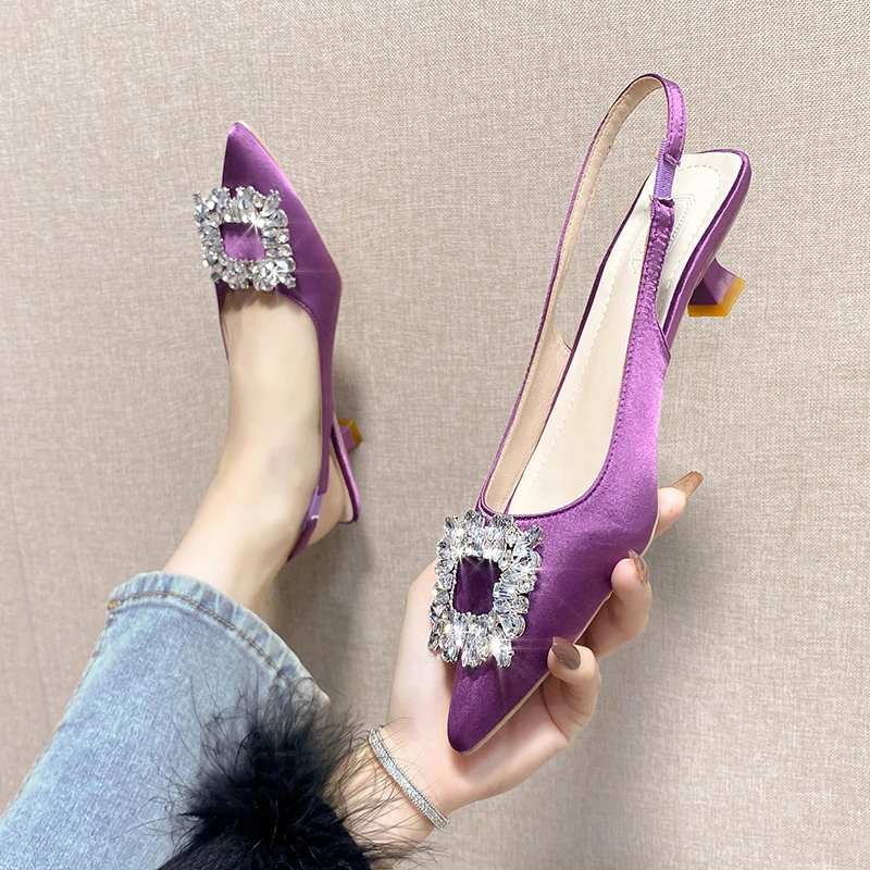 

Pointed Toe Women Sandals New Arrivals Summer Rhinestone Dress Shoes Thin High Heels Elastic Band Ladies Party Mule