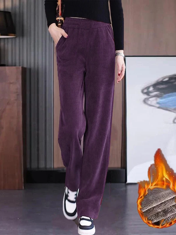 Fce gevoerde wijde pijpen broek voor dames Thiened warme casual broek hoge taille elastisch polyester rechte pijpen winter nieuw