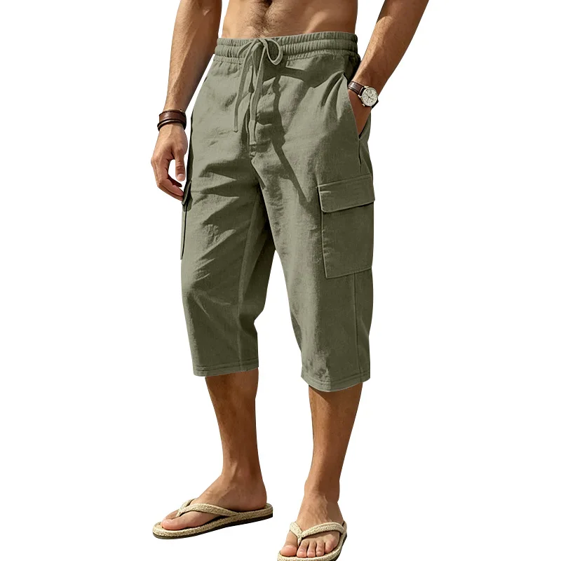 Europäische und amerikanische Sommer-Shorts aus Leinen für Herren, lässig, Outdoor, Arbeitskleidung, Pendler, Sport, Multi-Pocket, 7/8-Länge – Detail 22