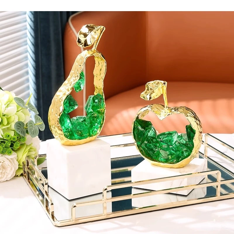 Green Crystal Metal Handicrafts Simulated Fruit Sculpture Crystal Fruit Ornament Apple Pear Metal Figurine Home Decoration