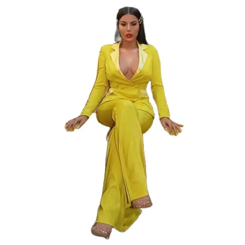 Modern Double Breasted Womens Casual Suit 2 Pieces Slim Fit Yellow Business Formal Tuxedos Custom Made Lady Streetwear