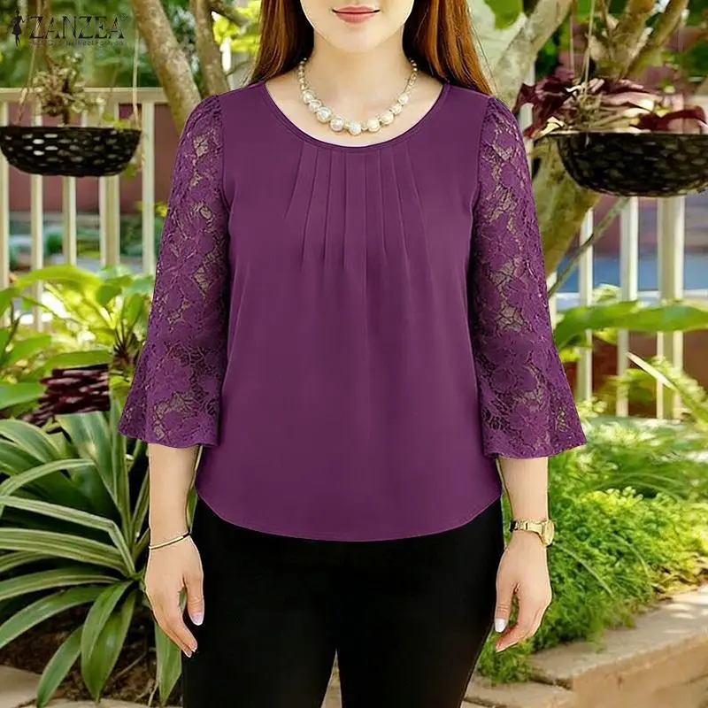 

2026 ZANZEA Женская летняя блузка с кружевными вставками, элегантная рабочая рубашка, плиссированная блуза, праздничная стильная блузка с круглым вырезом и рукавом 3/4