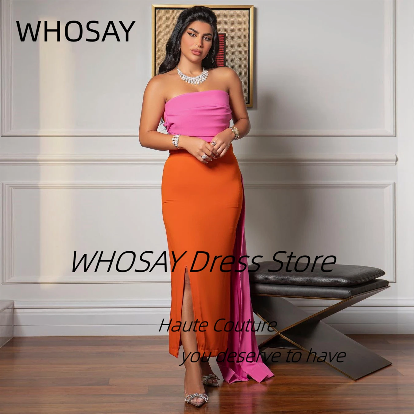 

WHOSAY Contrast Color Saudi Party Side Slit Prom Dresses Strapless Ruched Flutters Evening Gowns Ankle Length Vestidos Des Novia