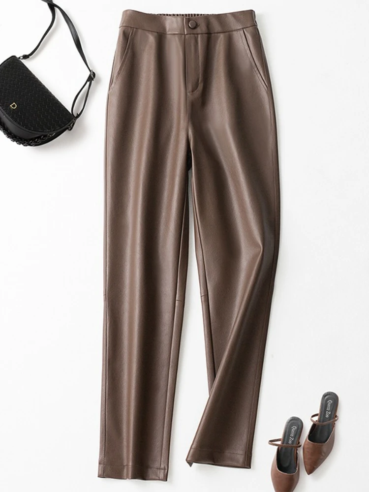 2025 Autumn/Winter New Elastic Waist Leather Pants for Women High Waist  Casual Straight Leg Pants, Nine Point Smoke Tube Pants