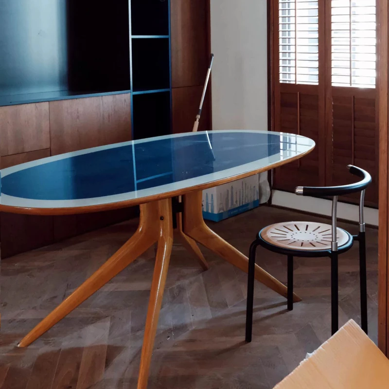 

French antique solid wood dining table small apartment household designer Bauhaus desk oval eating table