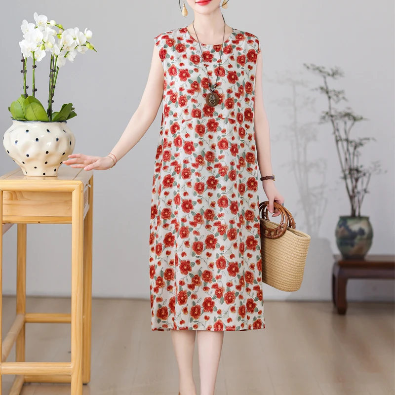 

New Fashion Vintage Floral Print Sleeveless Casual Party Femme Summer Dresses For Women 2025 O-neck Straight Women Clothing