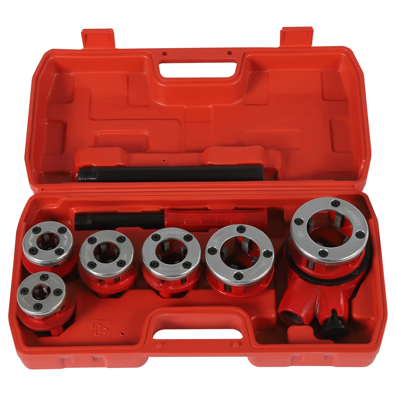 Kit d'outils de filetage de tuyaux de type 62, kit de machine à fileter manuelle, fileteuse manuelle, 6 têtes de filage en acier allié BSPT de 1/4” à 1-1/4”, durable, antirouille, poignée d'extension, support, filetage lisse et précis, installation facile des tuyaux, outil de plomberie