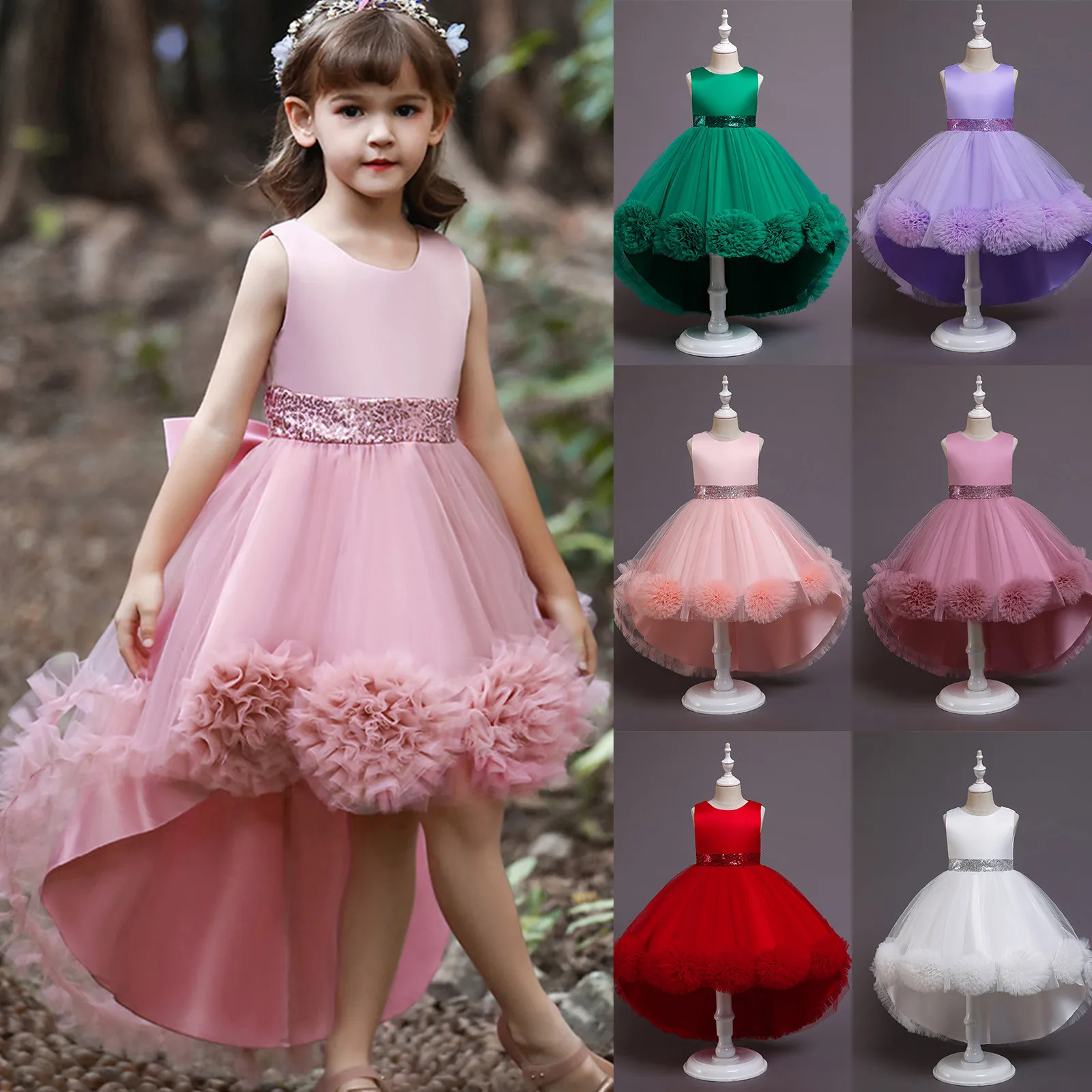 3-13Y Lace Flower Girl Princess Dresses Piano Performance Puffy Dress Elegant Kids Party Gowns Costume Pageant Dress with Tail