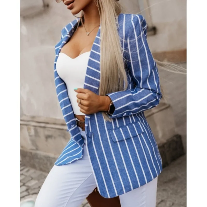 Blazer formel à rayures bleues pour femmes, veste à manches longues, bouton unique, vêtements de travail d'affaires minces, manteau pour dames, nouveauté, 2024