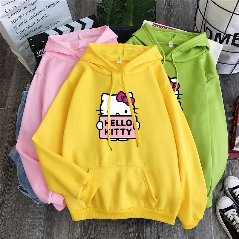 Sanrio Hoodies Hello Kitty Anime Printed Printed Loose Comfort Long-sleeved Hooded Jacket Kawaii Girl Women Sweater