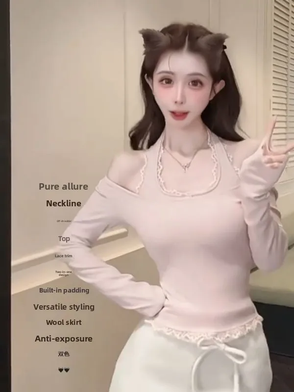 

Sweet Sle Splice Кружевной вязаный топ женский сексуальный oulder Bared Slim Fit Base irt French Sle Long Sve Fine Gauge Knitwear