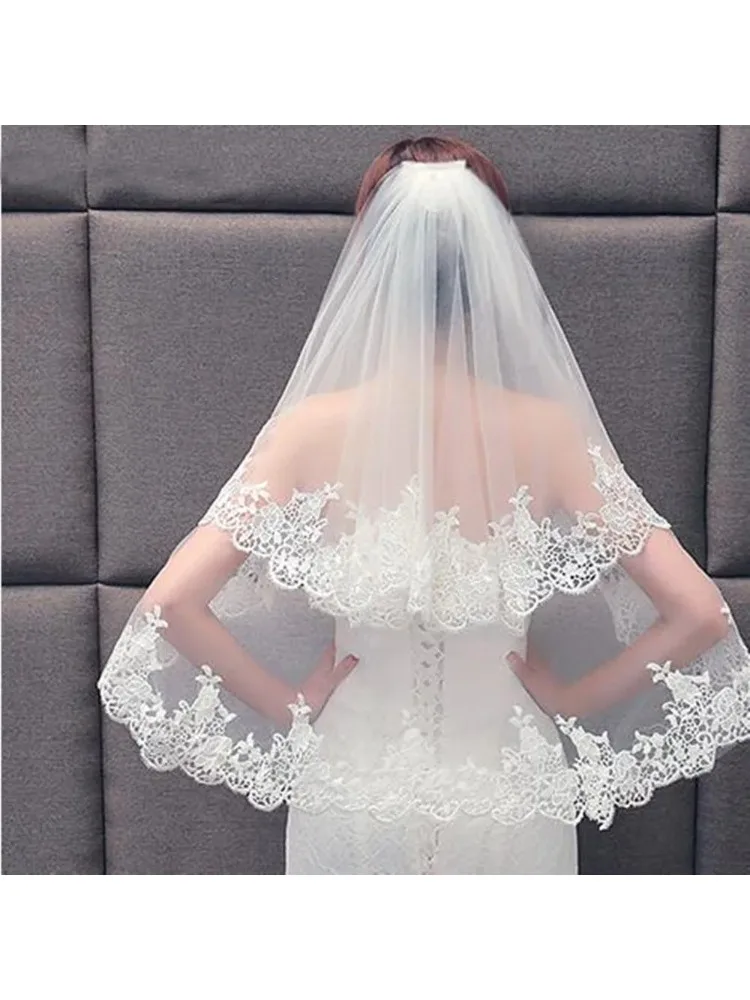 white/ivory Two Layers Elbow Length Veil Applique Lace Soft Tulle wedding veil bridal veils with comb Wedding Accessories
