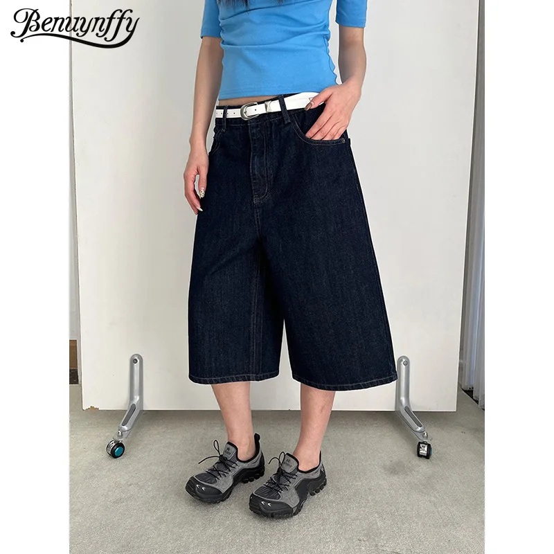 

Benuynffy High Street Retro Mid Waisted Jeans Women 2026 Summer New Fashion Loose All-Match Washed Denim Half Wide Leg Pants