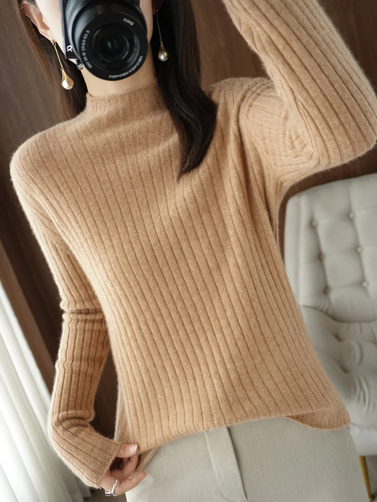 Basic Autumn Winter Merino Wool Women Sweater Mock Collar Office Lady Slim Knitwear Casual Pullover Korean Casual Clothes Tops