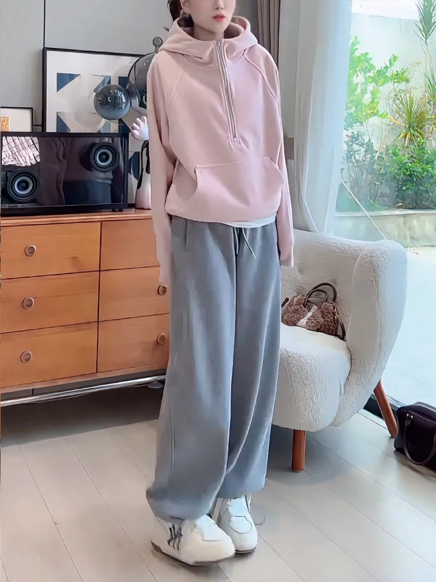 

Fashionable Casual Hoodie And Pants Set for Women Spring 2026 Long Sleeve Running Outfit High Waist Wide Leg Grey Two Piece Set