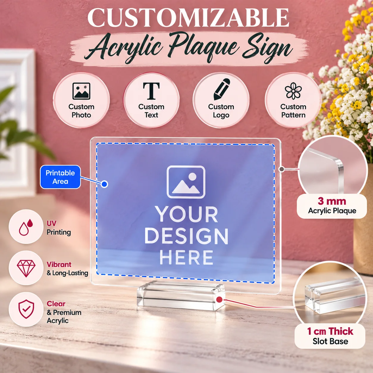 Custom Acrylic Plaque Signs Personalized Photo Text Logo UV Printed 3mm Clear Acrylic Slot Base Wedding Office Table Decor Gifts
