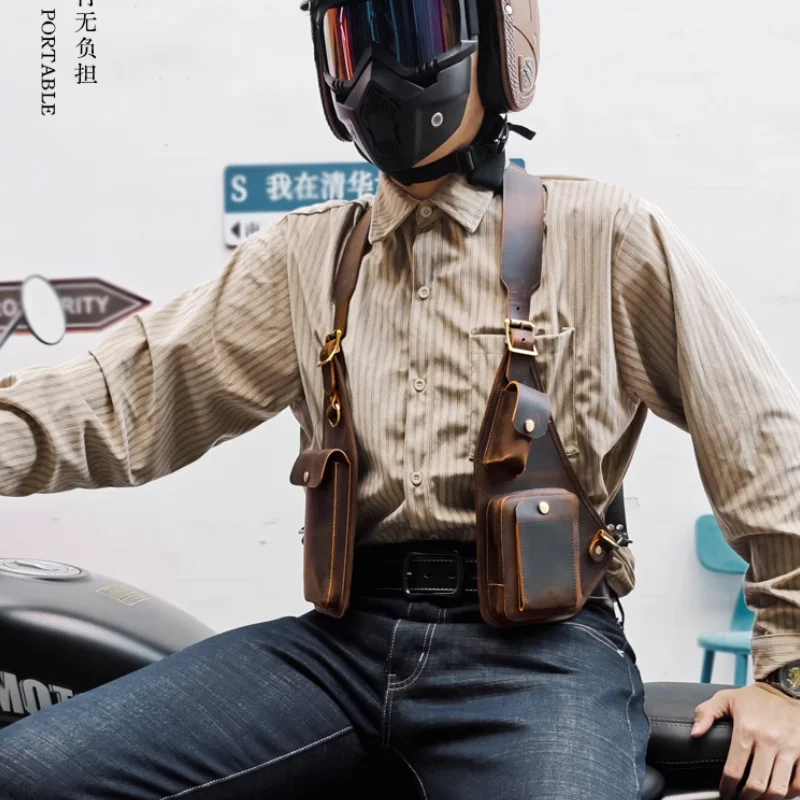 

Men's top layer cowhide retro shoulder bag functional workwear vest chest bag