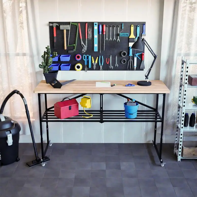 منضدة عمل قابلة للطي شديدة التحمل - طاولة أدوات محمولة من الخشب مع عجلات قفل وإطار فولاذي سريع الانهيار