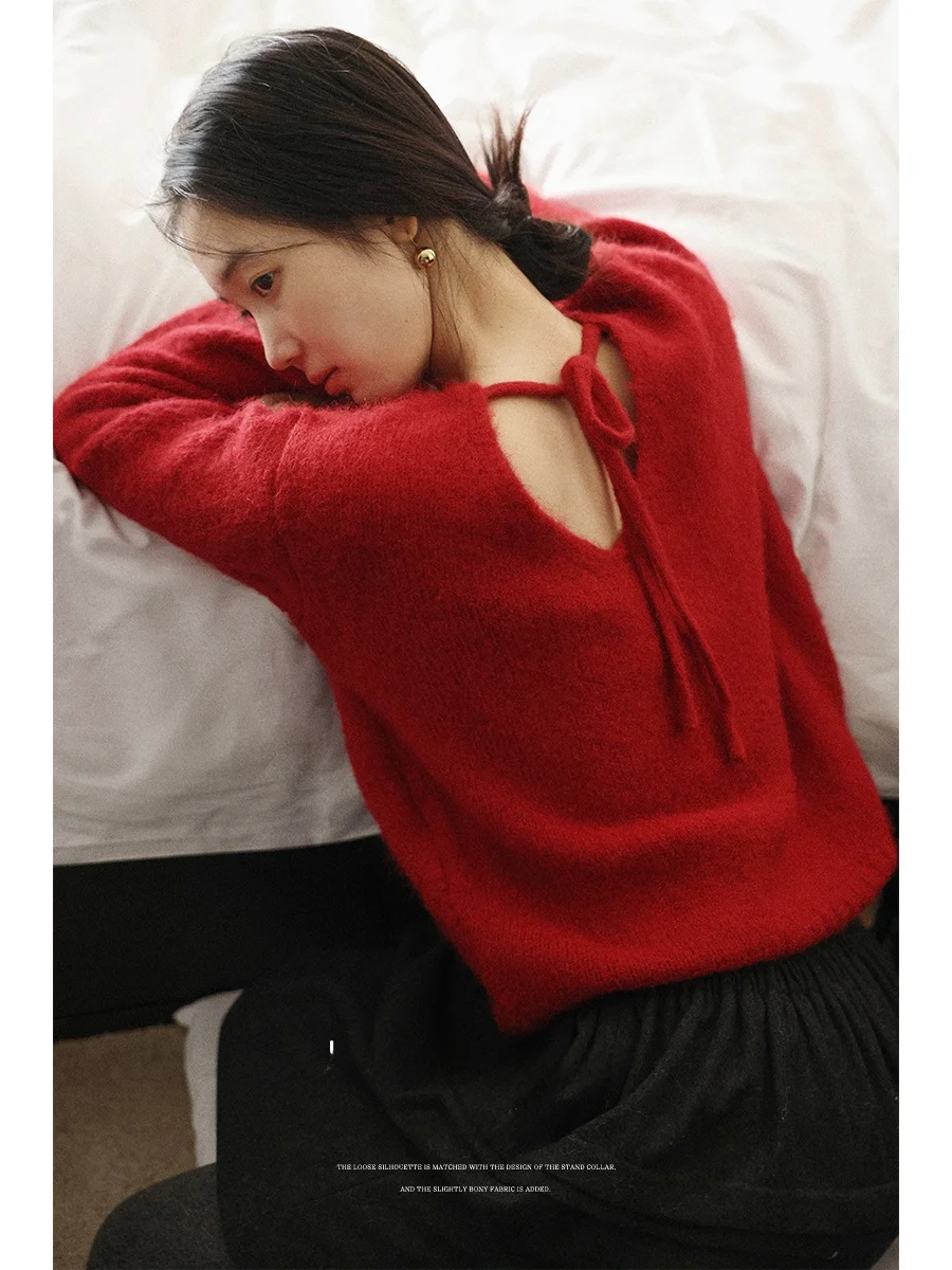 

Красный вязаный свитер Lalaglow Cisas с круглым вырезом, удобный, приятный к телу, для женщин, зимний, модный, повседневный, свободного кроя