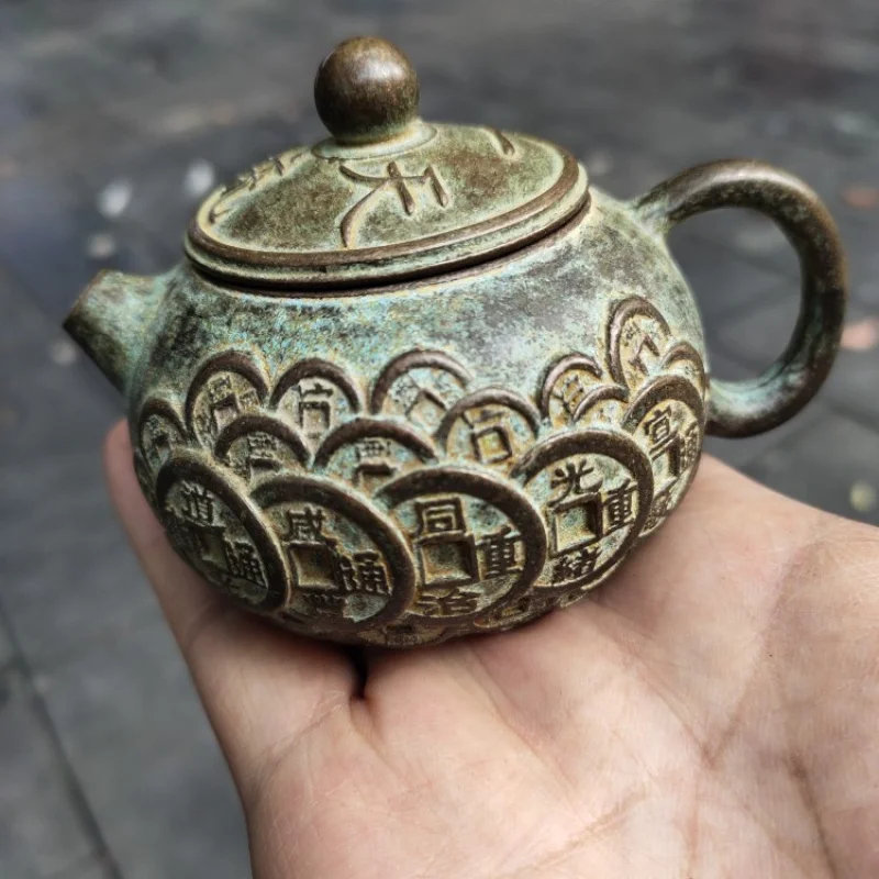 

Antique Copperware Collection Imitation Relief Copper Coin Teapot Wine Pot Home Tea Ceremony Craft Ornament