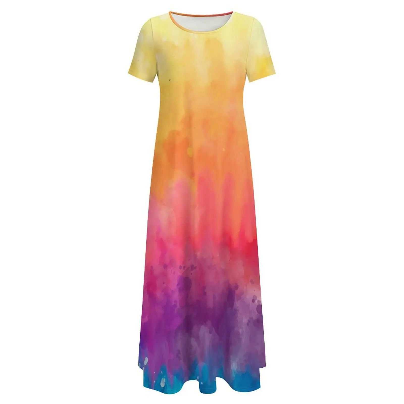 Vestido Maxi de Tie Dye Colorido Feminino, Manga Curta, Kawaii, Estético, Boho, Praia, Vestidos Longos, Laranja, Vermelho, Roxo, 5XL, 6XL, 7XL