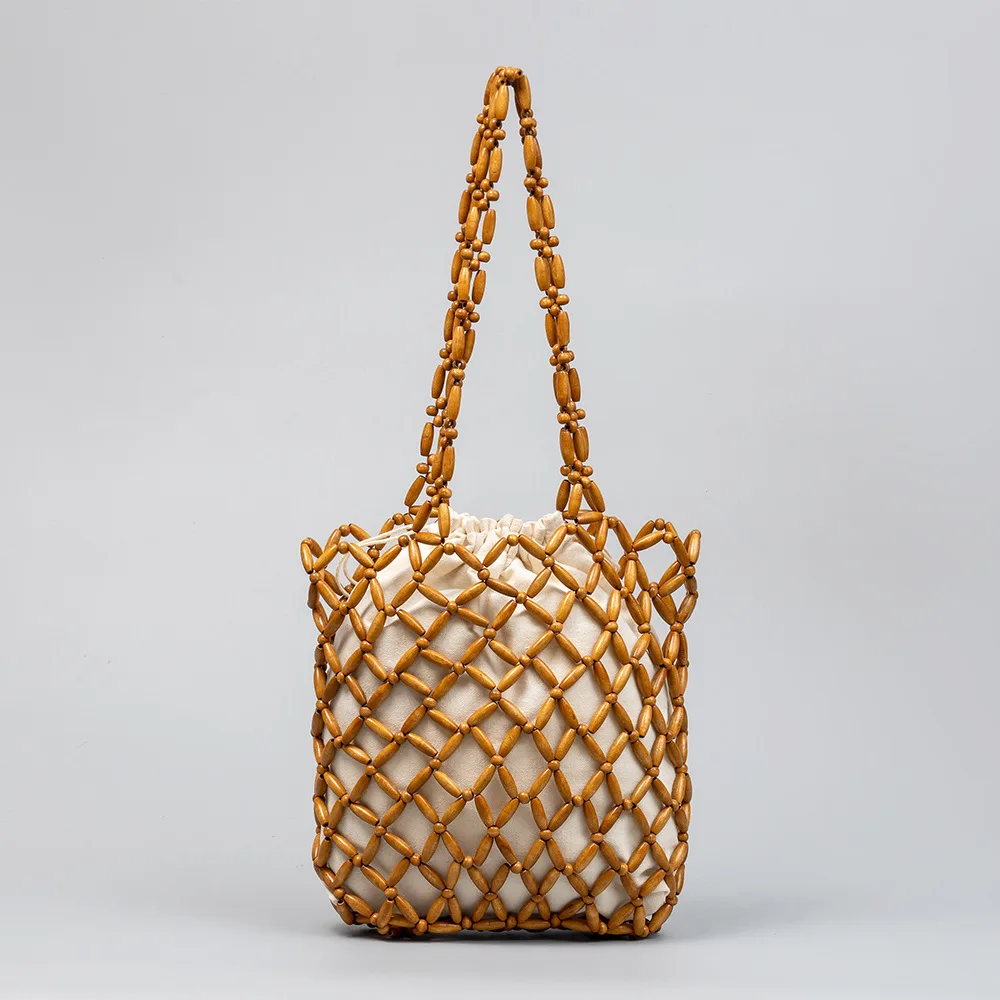 

Women Woven Hand Bag Fashion Hollow-out Wooden Bead Shoulder Bag Female Summer Beach Handbag