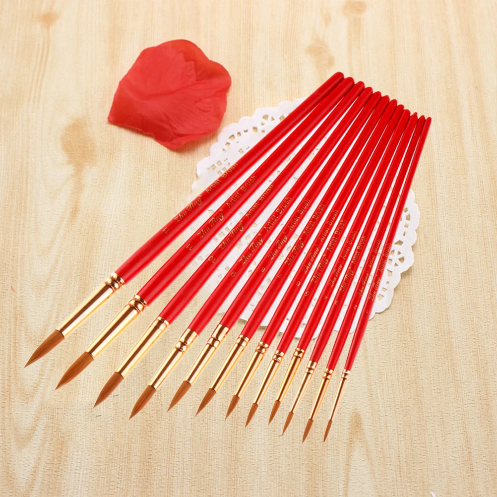 

12pcs Nylon Hair Watercolor Brush Set Red For Painting Artist Supplies School Art Tools Comfortable Handle Fine Flexible