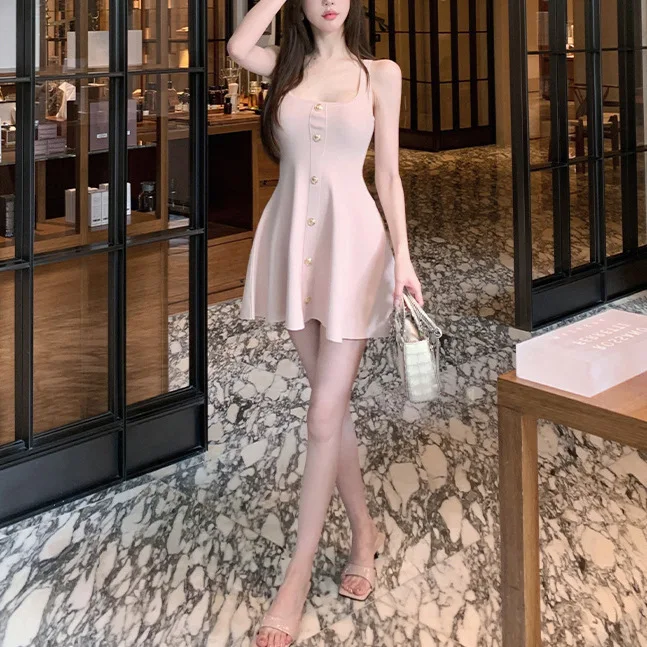 2025 Estate Nuovo Puro Desiderio Seta del Ghiaccio Colletto Quadrato Petto Senza Maniche Vita Gonna a Forma di A Gonna Corta da Donna