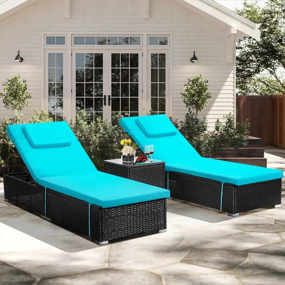 

3 Piece Set, Includes 2 Wicker Chaise Lounge Chairs for Outdoors with Matching Side Table, Idea Oversized Reclining Patio Lounge