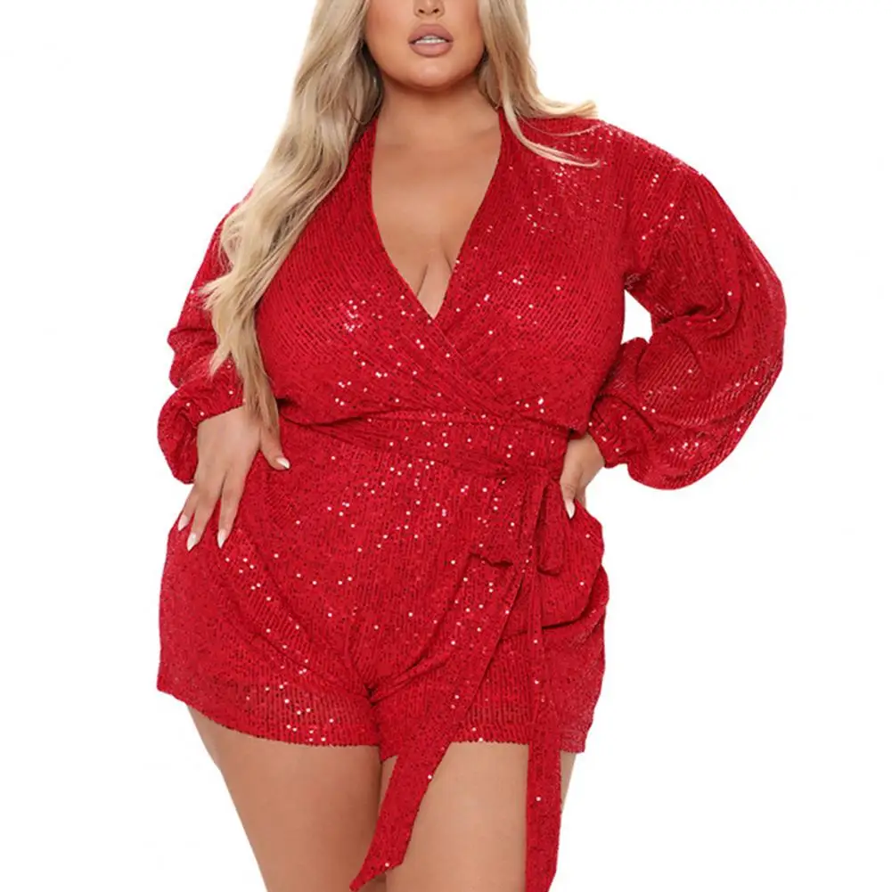 Plus Size Women Playsuit Shiny Sequin Long Sleeve Solid Color Lace-up Tight Waist Club Party Shorts Jumpsuits Romper