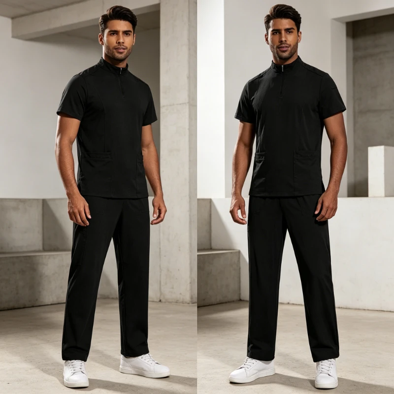 Mens Quick Dry Stand Collar Scrub Suit Long Sleeve Straight Pants Lightweight Workwear Casual Uniform