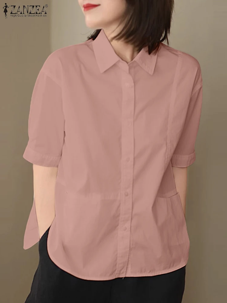 ZANZEA-camisas con botones para mujer, blusas informales holgadas de manga corta de Color liso, Tops con cuello de solapa, moda coreana, 2024