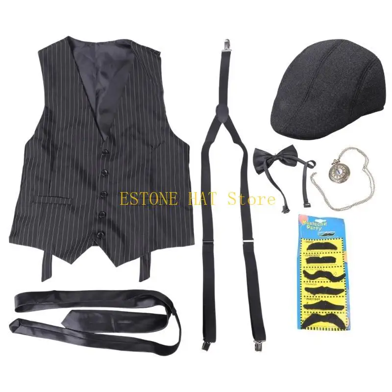 49MF 1920s Mens Costume Roaring 20s Outfit Accessories 1920s Men Mafia Costume 20s Gangsters Vest Hat Pocket Watch Suspenders