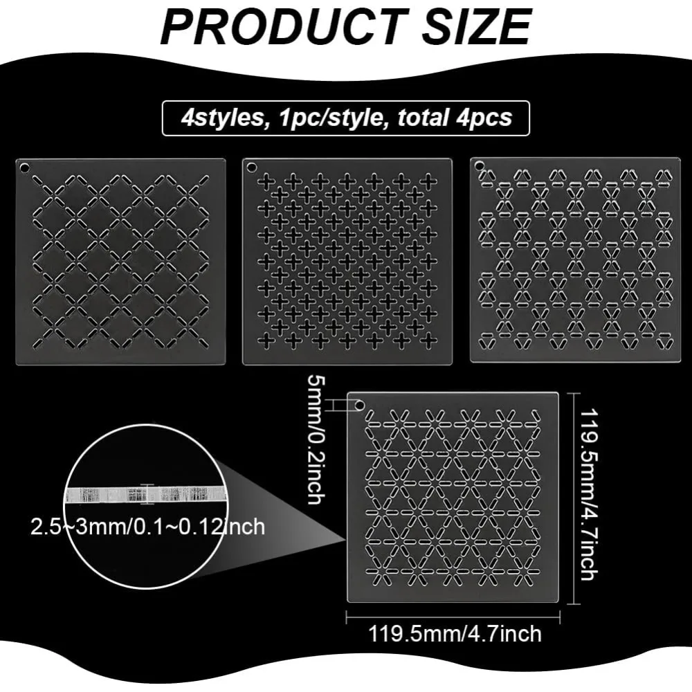 4Pcs Acrylic Sashiko Stencil Cross Acrylic Embroidery Tool Drawing Line Template for Hand Quilting and Embroidery 2.5mm Thick