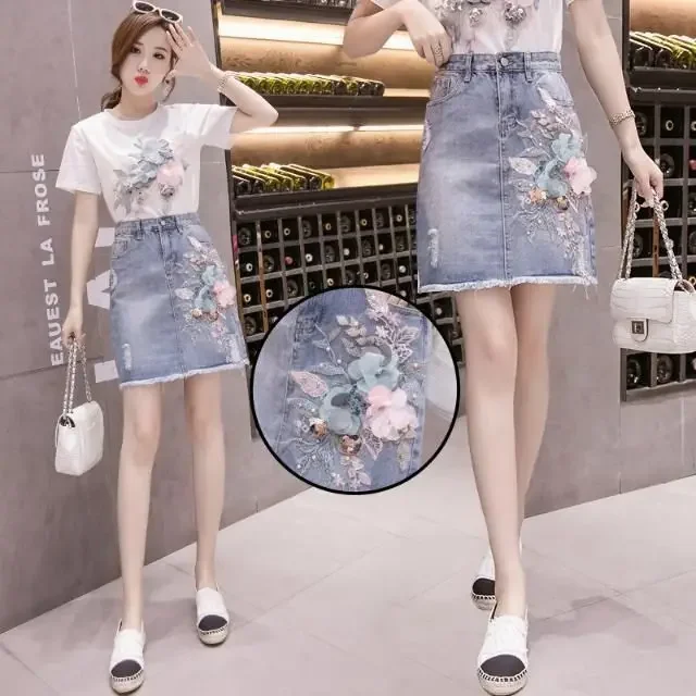 

Female Jeans Skirts Midi High Waist Ripped Zipper Women's Denim Skirt Cute Kawaii with Pocket New in Stylish Quality Aesthetic V