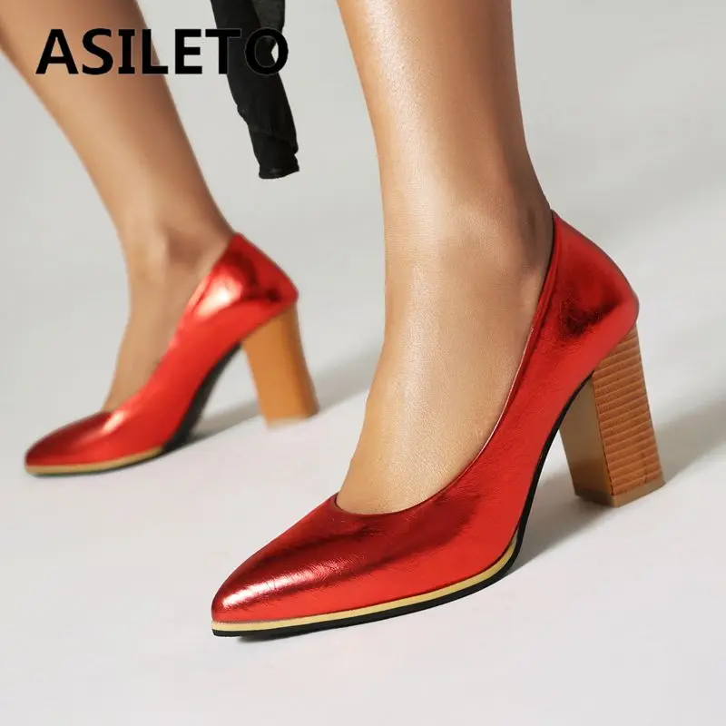 

ASILETO Brand Women Wedding Pumps Pointed Toe Chunky Heels 8cm Slip On Shallow Big Size 42 43 Office Lady Daily Fashion Shoes